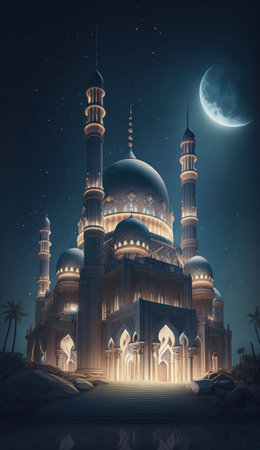 Modern Architecture of Islamic Mosque at night. Ramadan, Eid Mubarak concept. Generative AI.の素材
