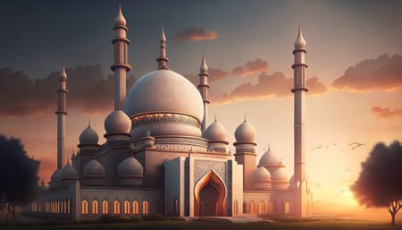 Modern Architecture of Islamic Mosque. Ramadan, Eid Mubarak concept. Generative AI.の素材