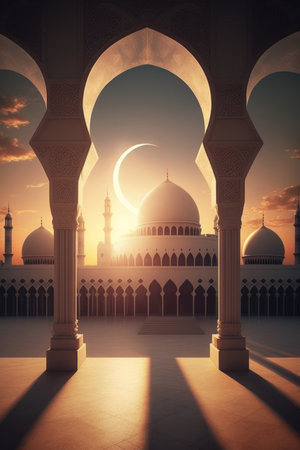 Modern Architecture of Islamic Mosque. Ramadan, Eid Mubarak concept. Generative AI.の素材