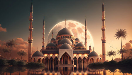 Modern Architecture of Islamic Mosque at night. Ramadan, Eid Mubarak concept. Generative AI.の素材