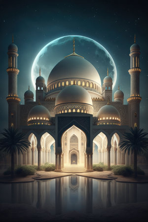 Modern Architecture of Islamic Mosque at night. Ramadan, Eid Mubarak concept. Generative AI.の素材