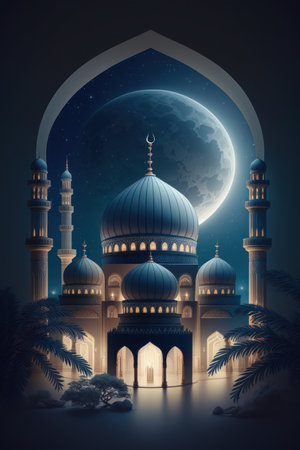 Modern Architecture of Islamic Mosque at night. Ramadan, Eid Mubarak concept. Generative AI.の素材