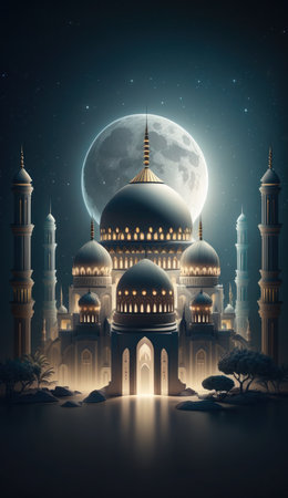 Modern Architecture of Islamic Mosque at night. Ramadan, Eid Mubarak concept. Generative AI.の素材