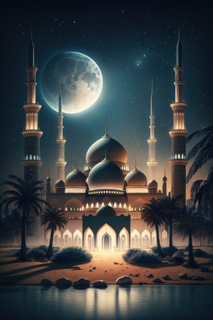 Modern Architecture of Islamic Mosque at night. Ramadan, Eid Mubarak concept. Generative AI.の素材