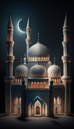Modern Architecture of Islamic Mosque at night. Ramadan, Eid Mubarak concept. Generative AI.の素材