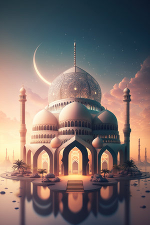 Modern Architecture of Islamic Mosque. Ramadan, Eid Mubarak concept. Generative AI.の素材
