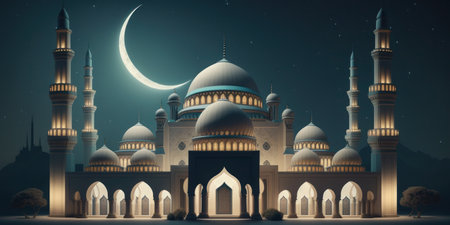 Modern Architecture of Islamic Mosque at night. Ramadan, Eid Mubarak concept. Generative AI.の素材