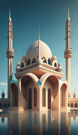 Modern Architecture of Islamic Mosque. Ramadan, Eid Mubarak concept. Generative AI.の素材
