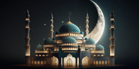 Modern Architecture of Islamic Mosque at night. Ramadan, Eid Mubarak concept. Generative AI.の素材