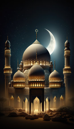 Modern Architecture of Islamic Mosque at night. Ramadan, Eid Mubarak concept. Generative AI.の素材