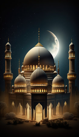 Modern Architecture of Islamic Mosque at night. Ramadan, Eid Mubarak concept. Generative AI.の素材