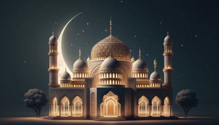 Modern Architecture of Islamic Mosque at night. Ramadan, Eid Mubarak concept. Generative AI.の素材