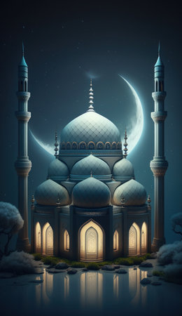 Modern Architecture of Islamic Mosque at night. Ramadan, Eid Mubarak concept. Generative AI.の素材