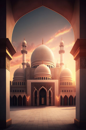 Modern Architecture of Islamic Mosque. Ramadan, Eid Mubarak concept. Generative AI.の素材