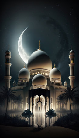Modern Architecture of Islamic Mosque at night. Ramadan, Eid Mubarak concept. Generative AI.の素材