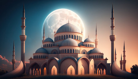Modern Architecture of Islamic Mosque at night. Ramadan, Eid Mubarak concept. Generative AI.の素材