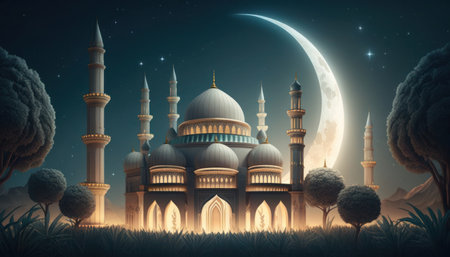 Modern Architecture of Islamic Mosque at night. Ramadan, Eid Mubarak concept. Generative AI.の素材