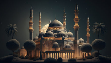 Modern Architecture of Islamic Mosque at night. Ramadan, Eid Mubarak concept. Generative AI.の素材