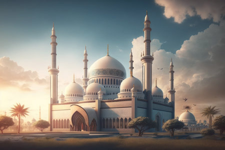 Modern Architecture of Islamic Mosque. Ramadan, Eid Mubarak concept. Generative AI.の素材