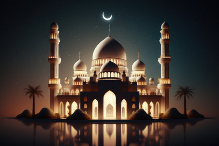 Modern Architecture of Islamic Mosque at night. Ramadan, Eid Mubarak concept. Generative AI.の素材