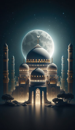 Modern Architecture of Islamic Mosque at night. Ramadan, Eid Mubarak concept. Generative AI.の素材