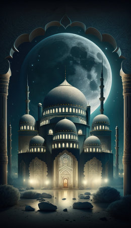 Modern Architecture of Islamic Mosque at night. Ramadan, Eid Mubarak concept. Generative AI.の素材