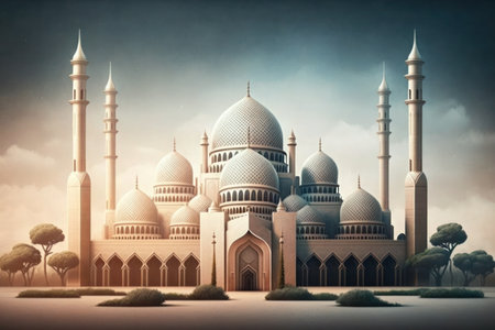 Modern Architecture of Islamic Mosque. Ramadan, Eid Mubarak concept. Generative AI.の素材