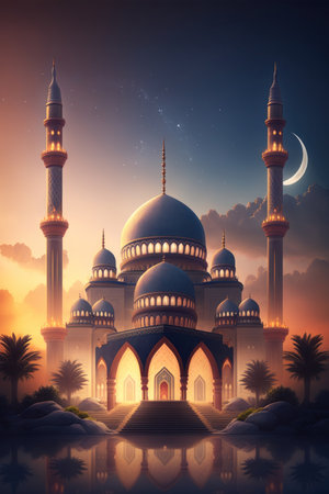 Modern Architecture of Islamic Mosque. Ramadan, Eid Mubarak concept. Generative AI.の素材
