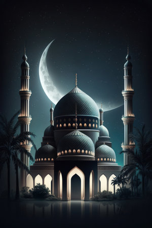 Modern Architecture of Islamic Mosque at night. Ramadan, Eid Mubarak concept. Generative AI.の素材
