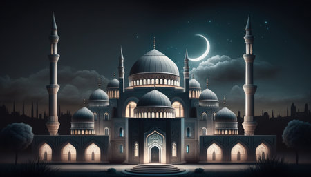 Modern Architecture of Islamic Mosque at night. Ramadan, Eid Mubarak concept. Generative AI.の素材