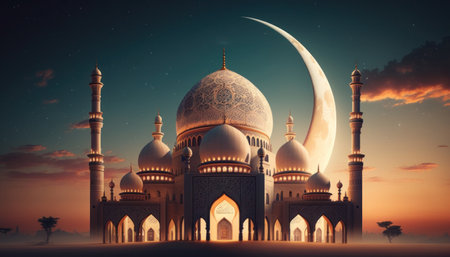 Modern Architecture of Islamic Mosque. Ramadan, Eid Mubarak concept. Generative AI.の素材