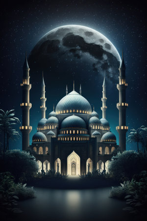 Modern Architecture of Islamic Mosque at night. Ramadan, Eid Mubarak concept. Generative AI.の素材