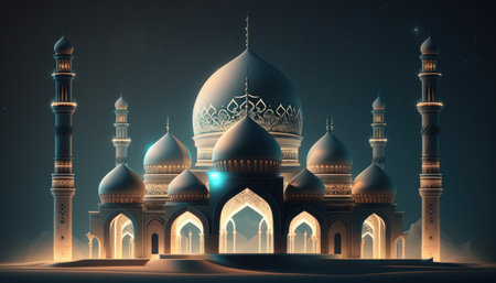 Modern Architecture of Islamic Mosque at night. Ramadan, Eid Mubarak concept. Generative AI.の素材