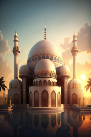 Modern Architecture of Islamic Mosque. Ramadan, Eid Mubarak concept. Generative AI.の素材