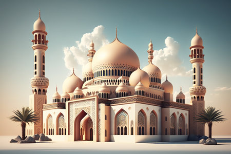 Modern Architecture of Islamic Mosque. Ramadan, Eid Mubarak concept. Generative AI.の素材