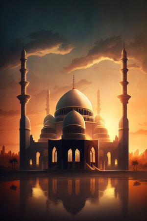 Modern Architecture of Islamic Mosque. Ramadan, Eid Mubarak concept. Generative AI.の素材