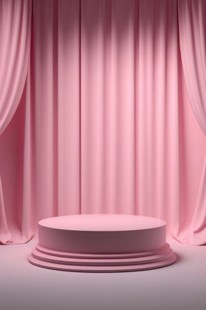 Empty pink podium with curtains for product displayの写真素材