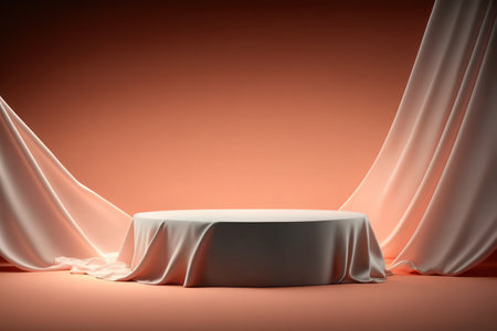 Empty podium covered with curtain on dark backgroundの写真素材