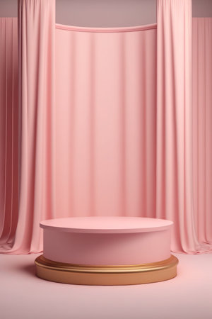 Empty pink podium with curtains for product displayの写真素材