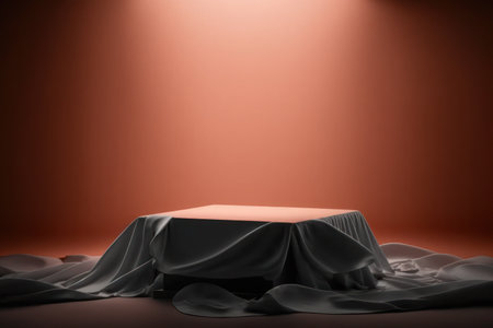 Empty podium covered with curtain on dark backgroundの写真素材