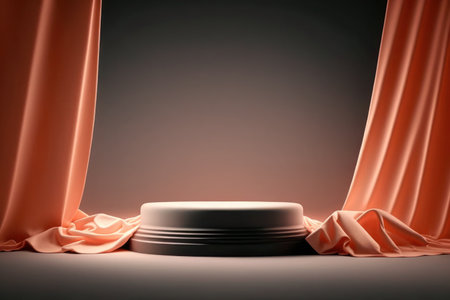 Empty podium covered with curtain on dark backgroundの写真素材