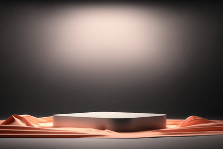 Empty podium covered with curtain on dark backgroundの写真素材