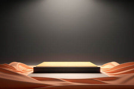 Empty podium covered with curtain on dark backgroundの写真素材