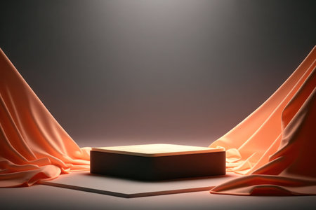 Empty podium covered with curtain on dark backgroundの写真素材