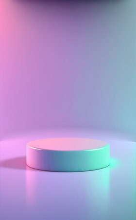 Empty cylinder podium on neon background for product displayの写真素材