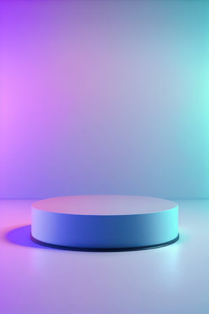 Empty cylinder podium on neon background for product displayの写真素材