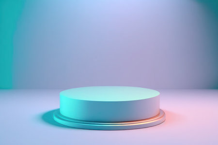 Empty cylinder podium on neon background for product displayの写真素材