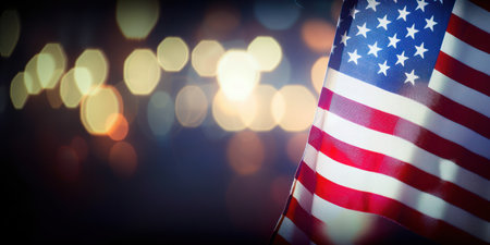 American flag with bokeh background with copy spaceの写真素材