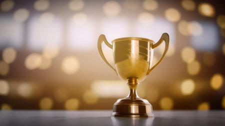 Gold trophy on table and blurry bokeh backgroundの写真素材