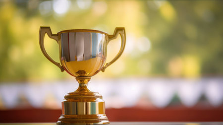 Gold trophy on table and blurry bokeh backgroundの写真素材